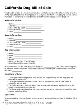 Valid Dog Bill of Sale Form for California State