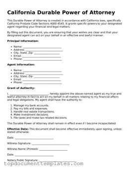 Valid Durable Power of Attorney Form for California State