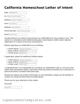Valid Homeschool Letter of Intent Form for California State