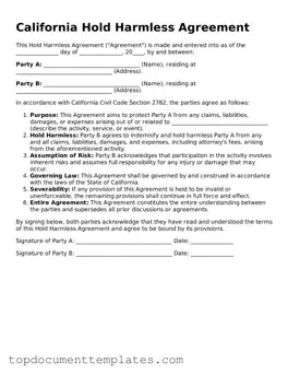 Valid Hold Harmless Agreement Form for California State