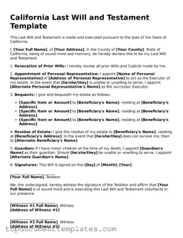 Valid Last Will and Testament Form for California State