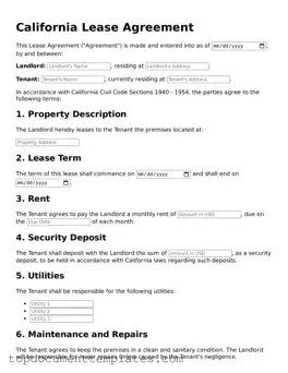 Valid Lease Agreement Form for California State