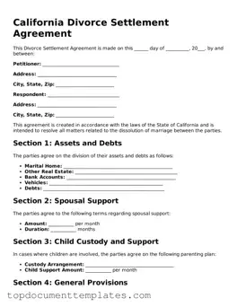 Valid Divorce Settlement Agreement Form for California State
