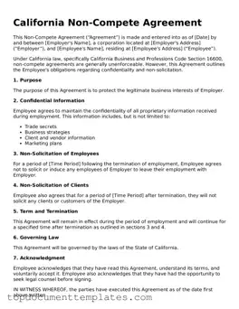 Valid Non-compete Agreement Form for California State
