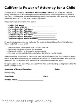 Valid Power of Attorney for a Child Form for California State