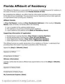 Valid Affidavit of Residency Form for Florida State