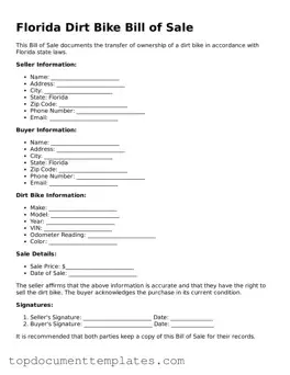 Valid Dirt Bike Bill of Sale Form for Florida State