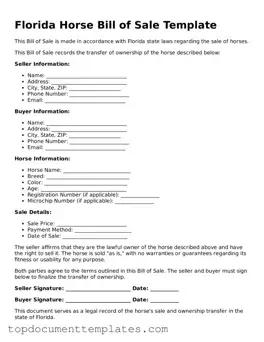Valid Horse Bill of Sale Form for Florida State