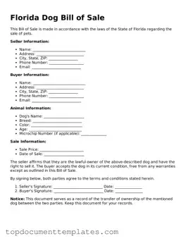 Valid Dog Bill of Sale Form for Florida State