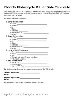 Valid Motorcycle Bill of Sale Form for Florida State