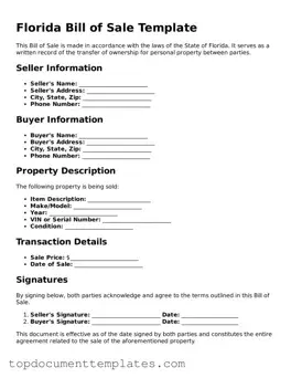 Valid Bill of Sale Form for Florida State