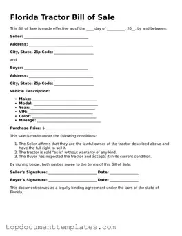 Valid Tractor Bill of Sale Form for Florida State