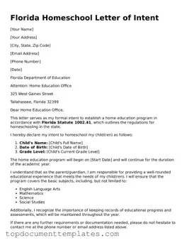 Valid Homeschool Letter of Intent Form for Florida State