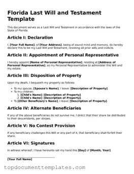Valid Last Will and Testament Form for Florida State