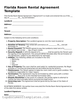 Valid Room Rental Agreement Form for Florida State