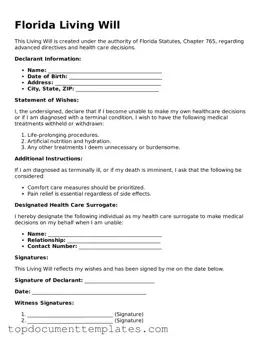 Valid Living Will Form for Florida State