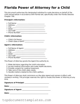 Valid Power of Attorney for a Child Form for Florida State