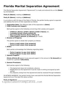 Valid Marital Separation Agreement Form for Florida State