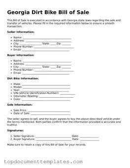 Valid Dirt Bike Bill of Sale Form for Georgia State