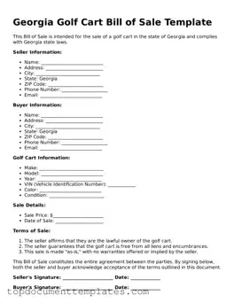 Valid Golf Cart Bill of Sale Form for Georgia State