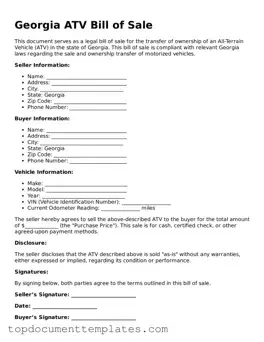 Valid ATV Bill of Sale Form for Georgia State