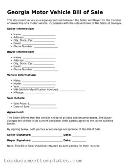 Valid Motor Vehicle Bill of Sale Form for Georgia State