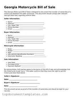 Valid Motorcycle Bill of Sale Form for Georgia State