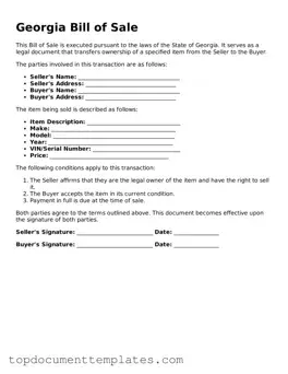 Valid Bill of Sale Form for Georgia State