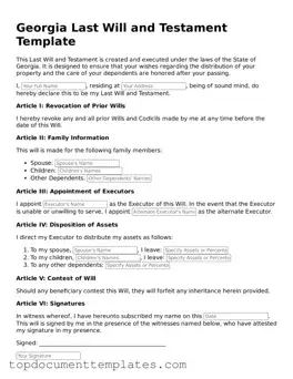 Valid Last Will and Testament Form for Georgia State