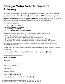 Valid Motor Vehicle Power of Attorney Form for Georgia State