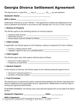 Valid Divorce Settlement Agreement Form for Georgia State
