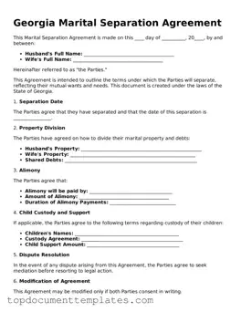 Valid Marital Separation Agreement Form for Georgia State