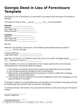 Valid Deed in Lieu of Foreclosure Form for Georgia State