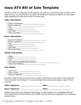 Valid ATV Bill of Sale Form for Iowa State