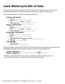 Valid Motorcycle Bill of Sale Form for Iowa State
