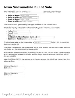 Valid Snowmobile Bill of Sale Form for Iowa State
