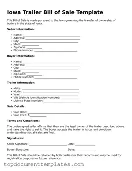 Valid Trailer Bill of Sale Form for Iowa State