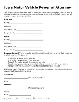 Valid Motor Vehicle Power of Attorney Form for Iowa State