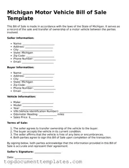 Valid Motor Vehicle Bill of Sale Form for Michigan State