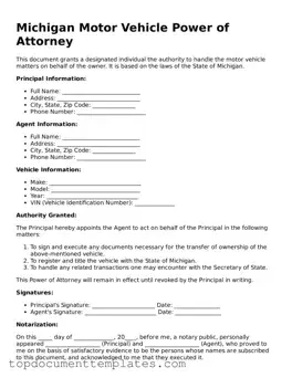 Valid Motor Vehicle Power of Attorney Form for Michigan State