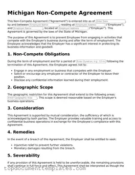 Valid Non-compete Agreement Form for Michigan State