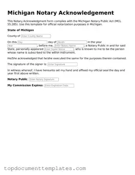 Valid Notary Acknowledgement Form for Michigan State