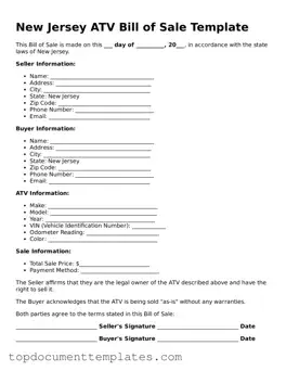 Valid ATV Bill of Sale Form for New Jersey State