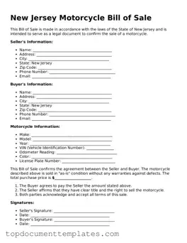 Valid Motorcycle Bill of Sale Form for New Jersey State