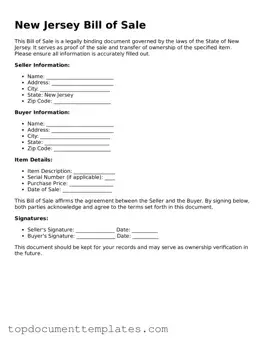 Valid Bill of Sale Form for New Jersey State
