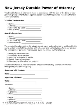 Valid Durable Power of Attorney Form for New Jersey State
