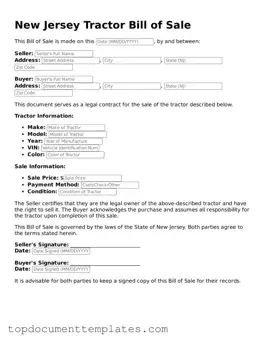 Valid Tractor Bill of Sale Form for New Jersey State