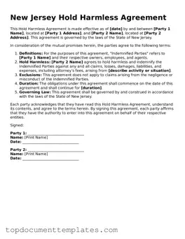 Valid Hold Harmless Agreement Form for New Jersey State