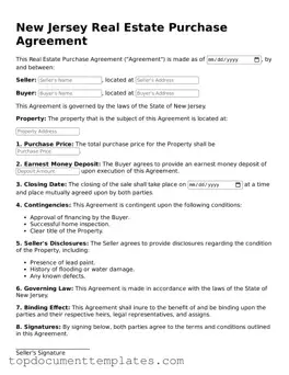 Valid Real Estate Purchase Agreement Form for New Jersey State