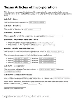 Valid Articles of Incorporation Form for Texas State